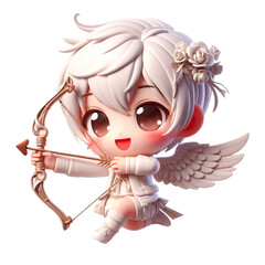 Obraz premium Adorable baby cupid with holding bow and arrow in chibi style isolated on white background. Generative AI.