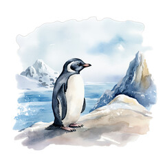 Fototapeta premium Pinguin im Schnee Aquarell Kunst Bild Antarktische Landschaft Handgemalt Tierillustration Kühle Winteratmosphäre Leinwanddruck Polartier Wandbild Geschenkidee Natur