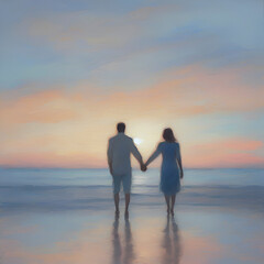 Couple holding hands on the beach at sunset. Pastel colors in impressionist style.