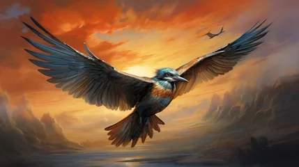 Zelfklevend Fotobehang a bird in mid-flight, navigating the open expanse of the sky. © Khan