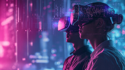 Fototapeta na wymiar Surprised teen man and woman use vr glasses with digital light background. Virtual gadgets for entertainment, work, free time and study. Virtual reality metaverse technology concept.