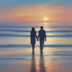 Fototapeta premium Couple holding hands on the beach at sunset. Pastel colors in impressionist style.