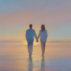 Couple holding hands on the beach at sunset. Pastel colors in impressionist style.