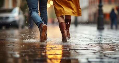 A Close-Up of a Young Couple's Legs as They Hurry Through the City in the Rain - obrazy, fototapety, plakaty