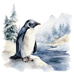 Obraz premium Pinguin im Schnee Aquarell Kunst Bild Antarktische Landschaft Handgemalt Tierillustration Kühle Winteratmosphäre Leinwanddruck Polartier Wandbild Geschenkidee Natur