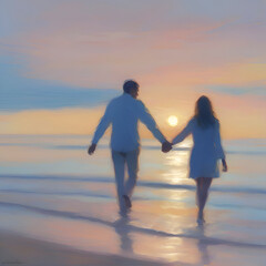 Couple holding hands on the beach at sunset. Pastel colors in impressionist style.