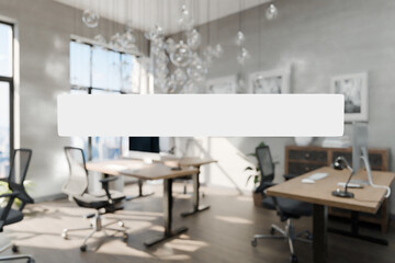 transparent text box in front of modern minimalistic pc workspace in luxurious loft office and panoramic view; remote work home office concept; bright daylight; 3D rendering