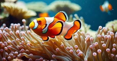 Naklejka na ściany i meble The Delightful Harmony of Colorful Clownfish and Coral Anemones