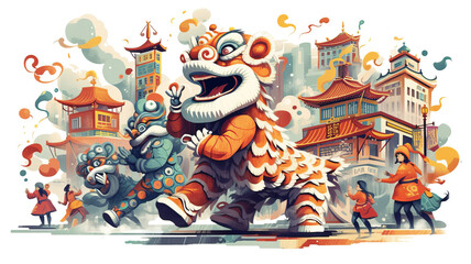 Chinese Lion Dance, transparent Background, Modern Chinese City Illustration, Mid Century Illustration generative ai