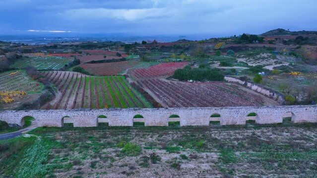 San Andr&eacute;s de Muga aqueduct between vineyards in autumn in Labastida in the province of Alava. Aerial view from a drone. Basque Country, Spain, Europe