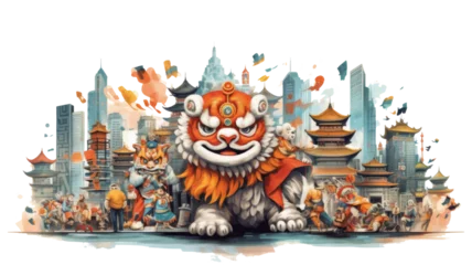 Papier Peint photo Lavable Carnaval Chinese Lion Dance, transparent Background, Modern Chinese City Illustration, Mid Century Illustration generative ai