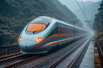 Fototapeta premium Fast speed train in China, train among Chinese landscape