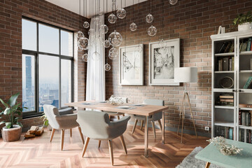 luxurious loft apartment with floor-to-ceiling windows and panoramic view; modern minimalistic interior design of dining room area; bright daylight; 3D rendering