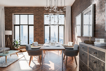 luxurious loft apartment with floor-to-ceiling windows and panoramic view; modern minimalistic interior design of dining room area; bright daylight; 3D rendering