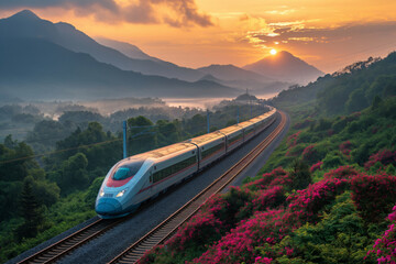 Super high speed train in China, train among chinese scenery in spring time.