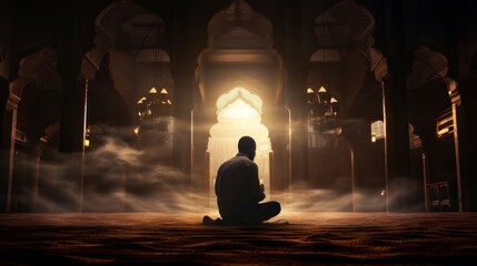 Silhouette of Muslim man worshiping and praying for fasting and Islamic Eid culture in old mosque with lighting and smoke background, copy space - generative ai