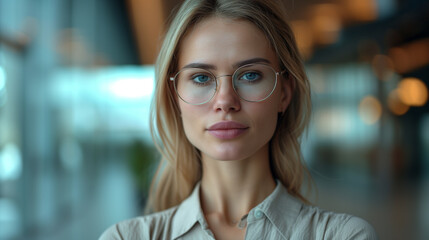 An intelligent young woman with striking blue eyes and stylish glasses symbolizes focus and insight in a corporate environment.