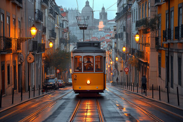 Retro tram in Lisbon city. Historical tram on street
