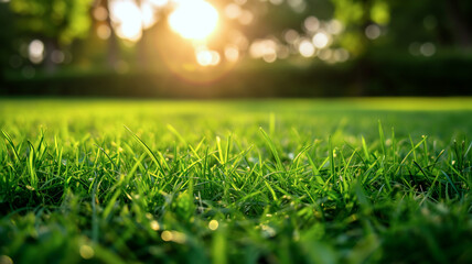 Naklejka premium green grass at sunset with nature's sunlight