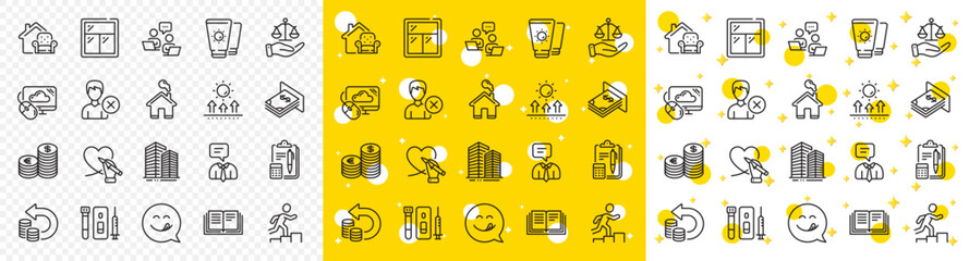 Outline Cloud computing, Home and Leader run line icons pack for web with Currency, Remove account, Furniture moving line icon. Education, Skyscraper buildings, Support service pictogram icon. Vector - obrazy, fototapety, plakaty