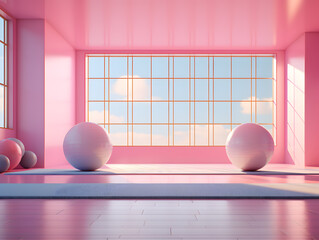 Pink yoga room with sunshine come from big window, a carpet and a sofa. 3d rendering