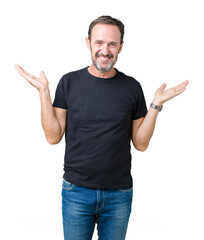 Handsome middle age hoary senior man over isolated background Smiling showing both hands open palms, presenting and advertising comparison and balance