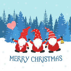 Christmas card with cute gnomes. Vector illustration.