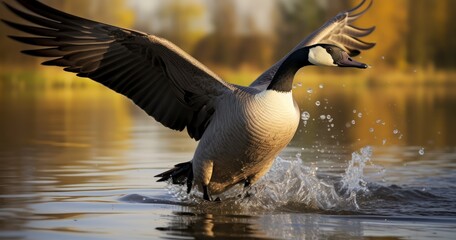 The Elegant Flight of the Canada Goose Over Serene Waters - obrazy, fototapety, plakaty