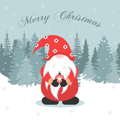 Christmas gnome with a Christmas ball in his hands. Vector illustration.