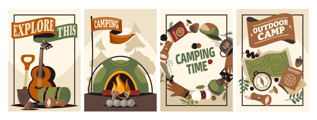Forest camping poster. Summer outdoor activity brochure with hiking and camping logo, nature recreation concept. Vector flyer banner for forest adventure, summer travel camp illustration