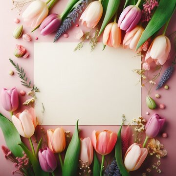 Flower frame from bunch of multicolored tulips with copy space for text or greetings.
