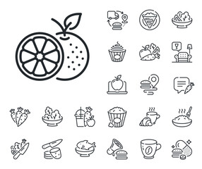 Fruit food sign. Crepe, sweet popcorn and salad outline icons. Orange line icon. Diet nutrition symbol. Orange line sign. Pasta spaghetti, fresh juice icon. Supply chain. Vector