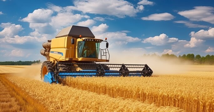 The Grandeur of a Combine Harvester Operating in the Field, Beneath a Clear Blue Sky