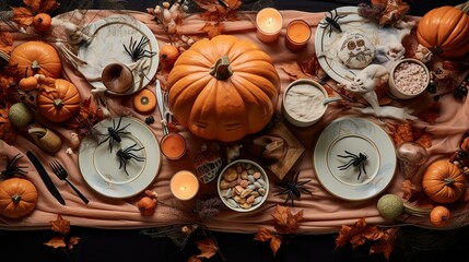 Enchanting Halloween Decor: Overhead Shot of Jack-o'-lantern and Cobweb Plates on Lilac Canvas, Creating a Spooky and Festive Atmosphere for Autumn Celebration