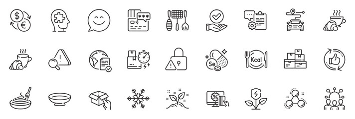 Fototapeta na wymiar Icons pack as Journey, Coffee break and Pasta dish line icons for app include Mental conundrum, Wholesale goods, Attention outline thin icon web set. Online voting, Selenium mineral. Vector