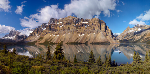 Panoramic view of Bow Lake in Banff National Park in Alberta, Canada.
