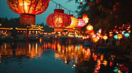 Obraz premium colorful Chinese paper lanterns over a pond in the park, for Chinese New Year, banner