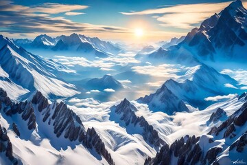Immerse yourself in the sheer magnificence of aerial vistas as you visualize an HD image portraying the seamless encounter between mountains and clouds through an airplane window. 

 - obrazy, fototapety, plakaty