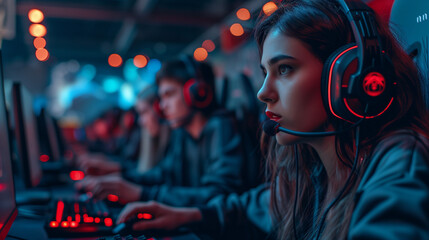 Concentrated female gamer with teammates engaged in an esports challenge, illuminated by the glow of screens in a dynamic gaming salon. - obrazy, fototapety, plakaty