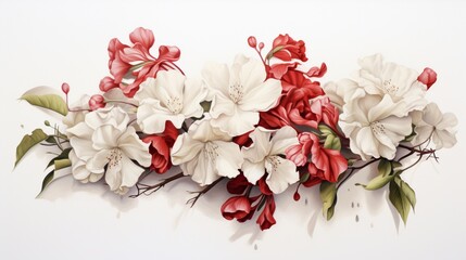 a cluster of white and red flowers set against a pure white surface.