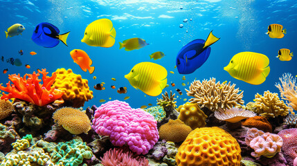 Fototapeta na wymiar Colorful fish, including yellow tangs and clownfish, swim gracefully among the vivid corals and anemones that decorate the ocean floor.