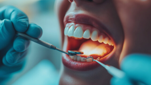 A woman getting her teeth professionally cleaned by a dentist.