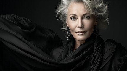 Naklejka premium Portrait of a beautiful middle-aged woman in a black dress
