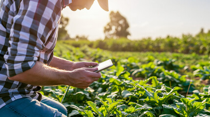 modern agronomist inspects crops in a farmer's field - obrazy, fototapety, plakaty
