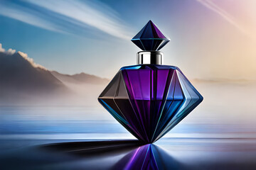 purple  diamond shaped perfume container , minimaliste cosmetics presentation - obrazy, fototapety, plakaty