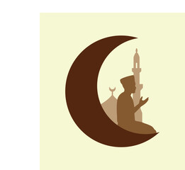 Vector illustration. Arabic Muslim man in traditional clothes praying while sitting, isolated on white background. A man prays in front of a mosque. Element for your design. 