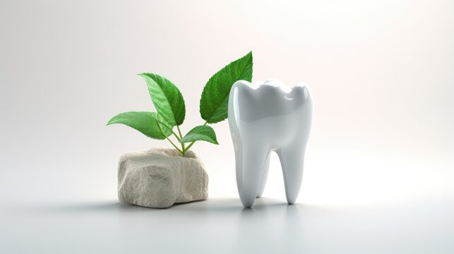 tooth with green leaf, health