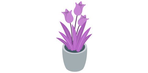 Seasonal Flowering Pot Plant On White Background, Office Desktop Plant Vector Illustration.
