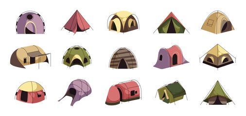 Tourist tent. Cartoon camping bivouac shelter with roof, hiking trekking picnic equipment for recreational camping expedition. Vector set of tourist travel camp summer illustration - obrazy, fototapety, plakaty