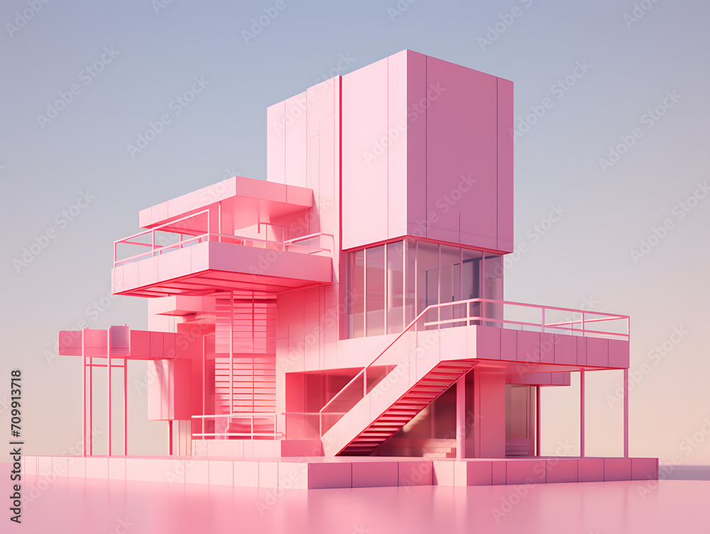 Wall mural 3d render of a modern minimal building in pink and violet colors.